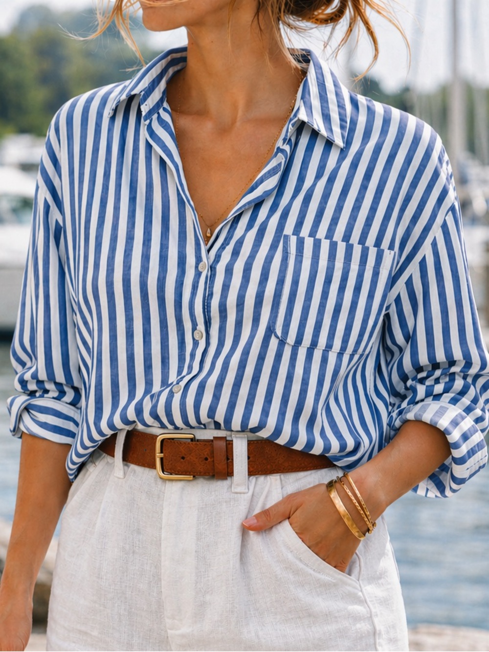 LL Bean Linen Button Down Blue Stripe Shirt L/XL Oversized Coastal Summer